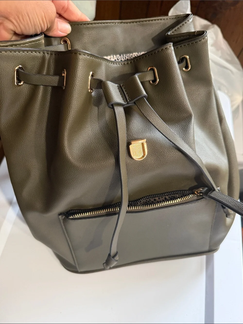 Mathew + Julian Olive Green Faux Leather Backpack Drawstring Flap Pocket Women’s
